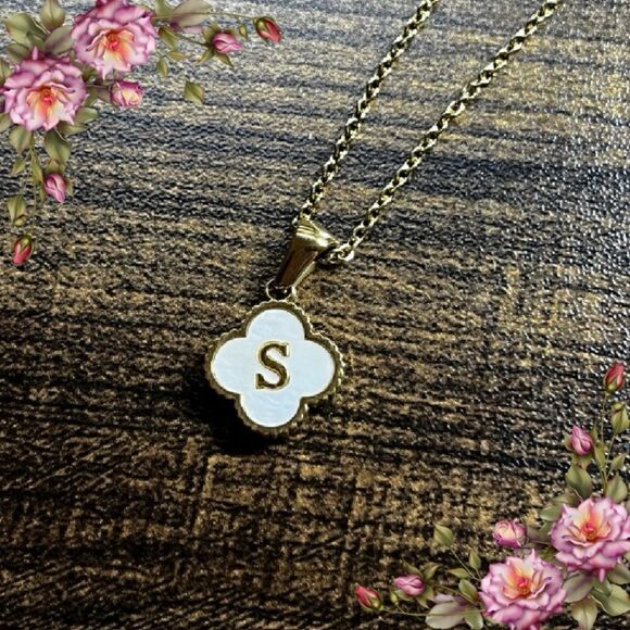 14K Gold Plated Stainless Steel Initial Necklaces “S” Four Leaf Clover Necklace - Picture 12 of 12
